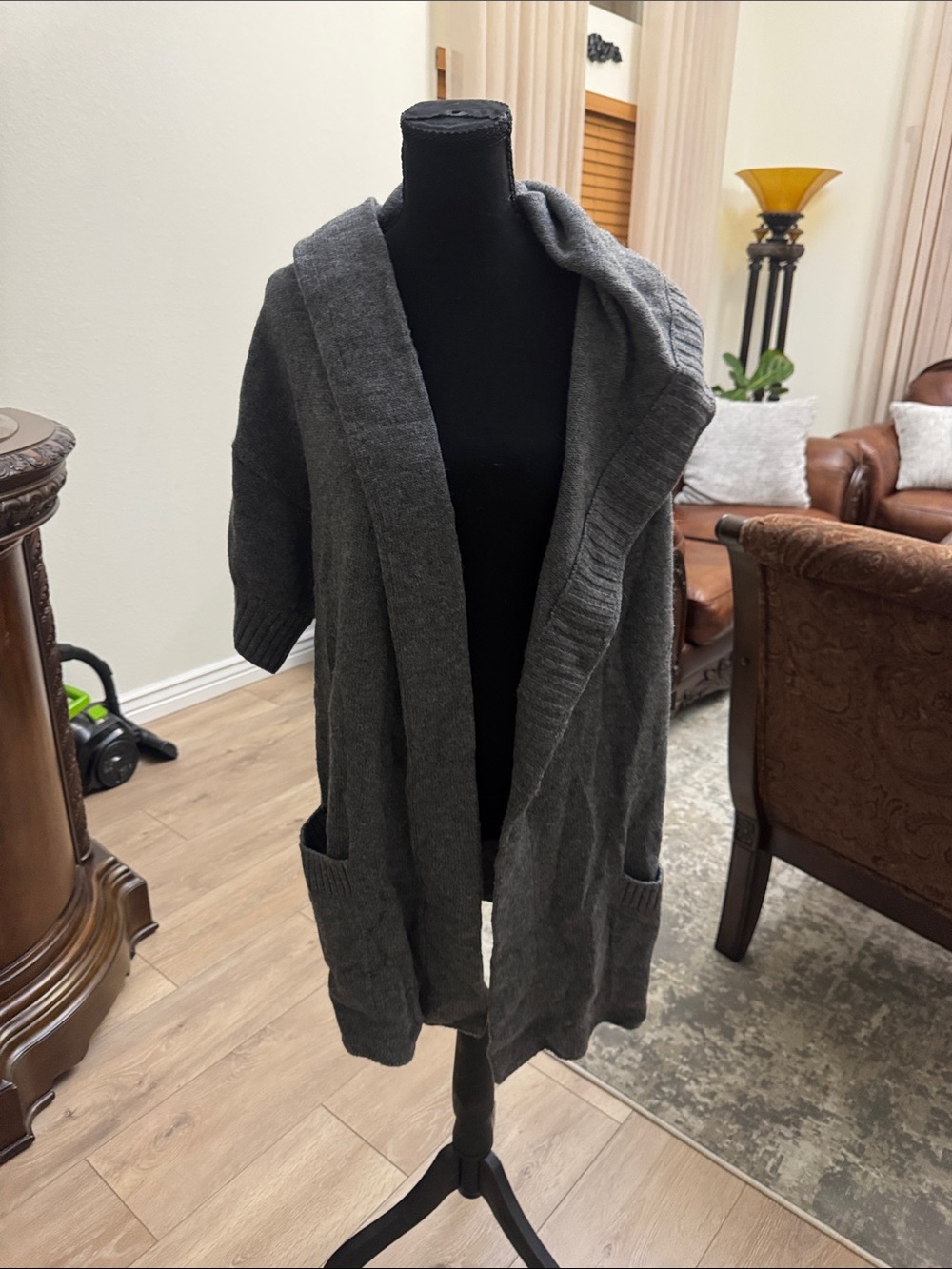 Vince Dark Gray Open-Front Shawl Collar Cardigan